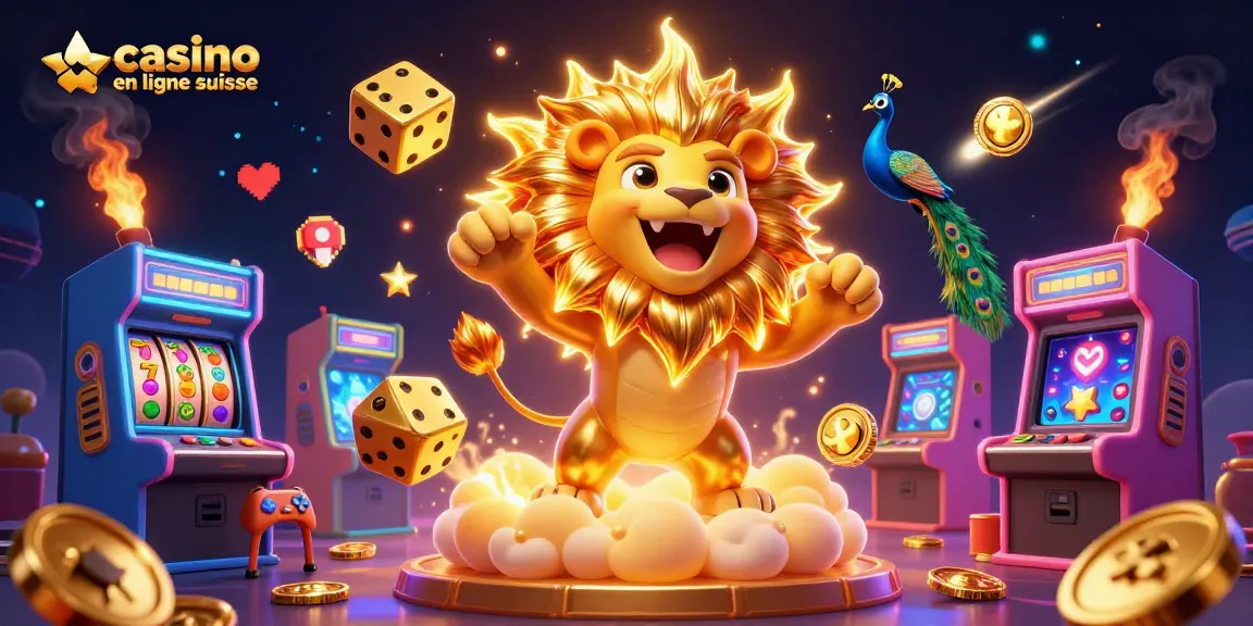 Jouez à casino en ligne suisse avec des éléments de jeu colorés et un lion solaire majestueux.