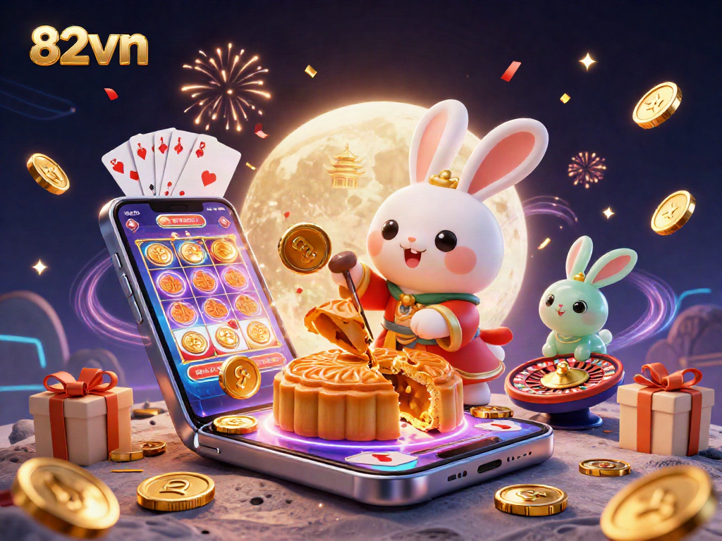 82vn showcases a vibrant casino scene with a moon rabbit, poker chips, and festive elements, for exciting gameplay.