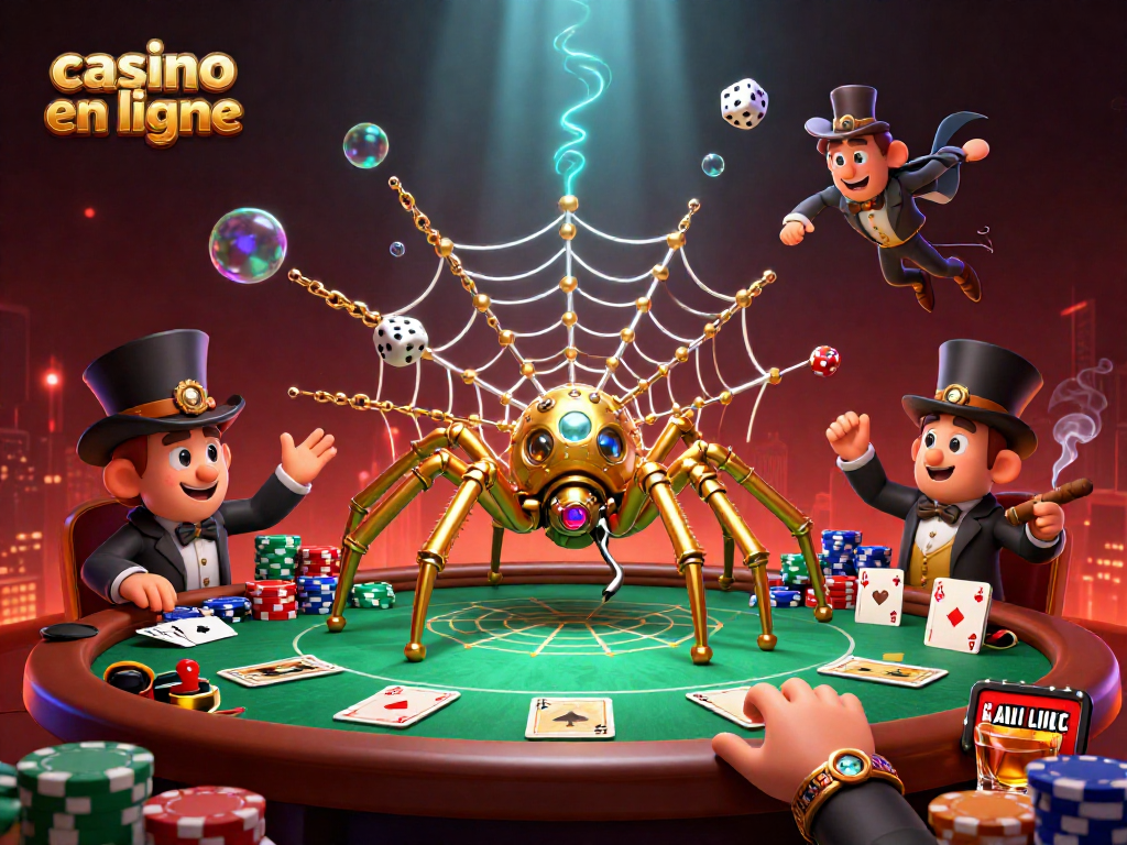 Casino en ligne : illustration dynamique d'une araignée steampunk capturant des dés avec des chaînes dorées.