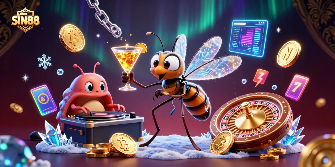 SIN88 showcases a vibrant casino scene featuring a frozen mosquito mascot, trilobite DJ, and golden roulette wheel.