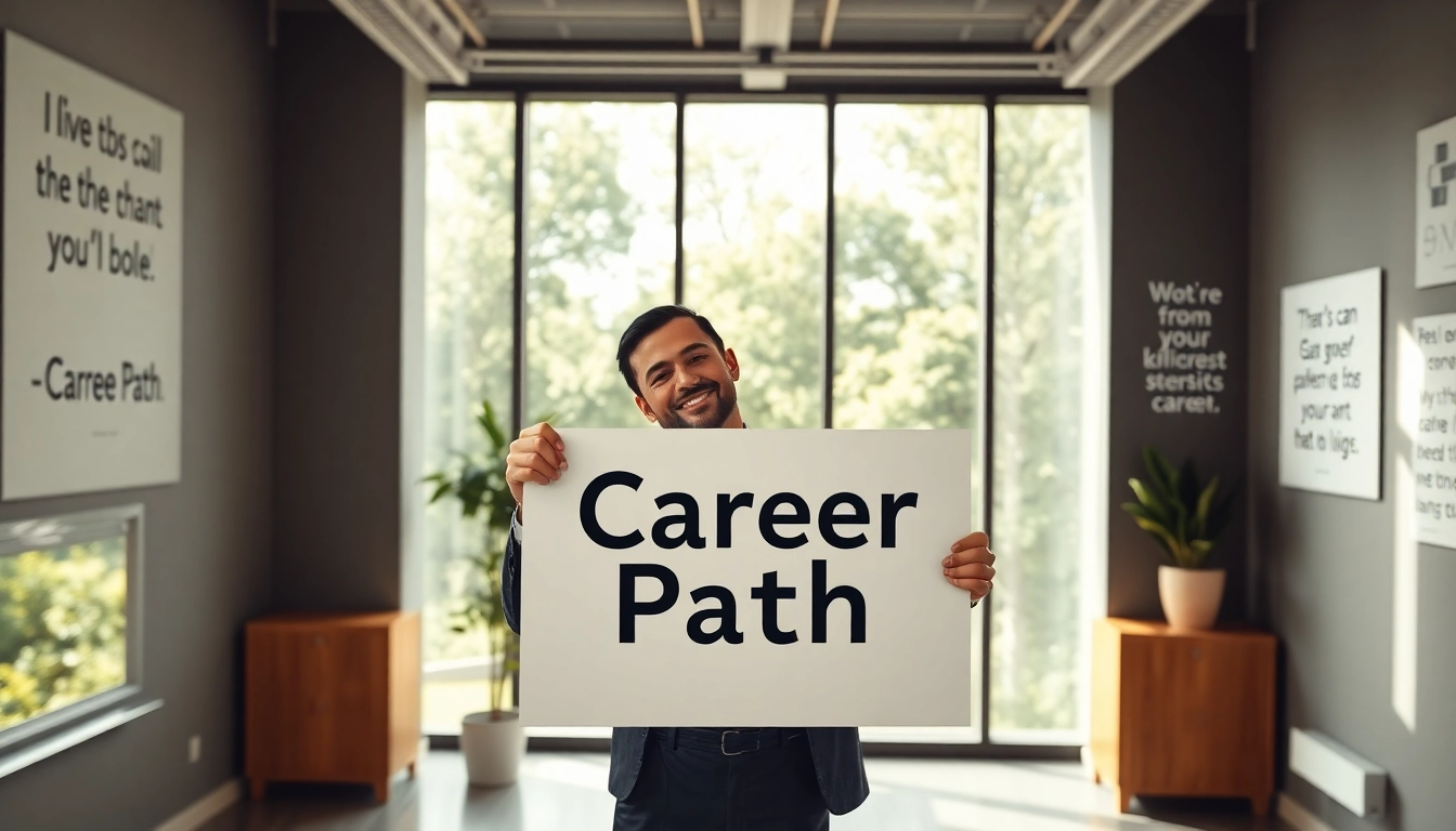 Visualizing the Ideal career with a professional holding a 'Career Path' sign in an inspiring office.