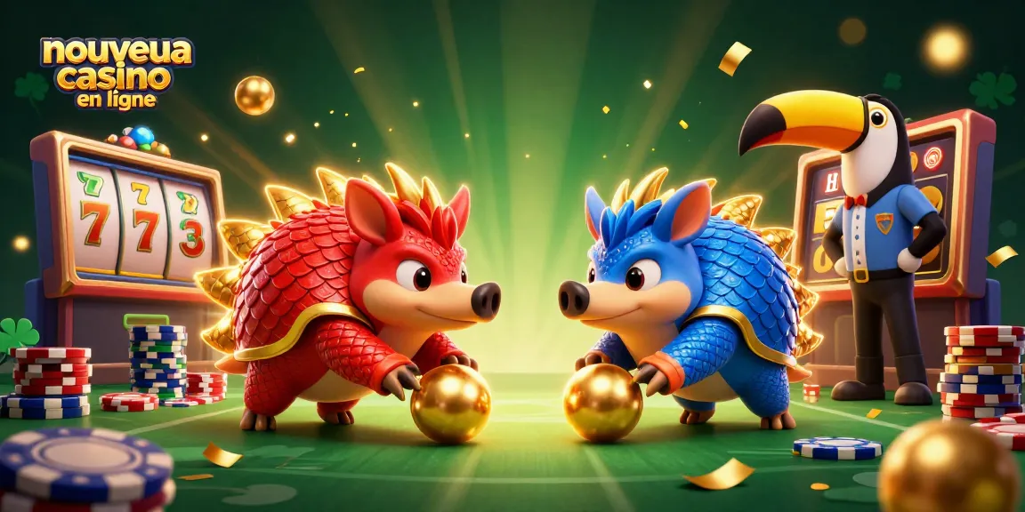 Animation dynamique de pangolins rivaux dans un nouveau casino en ligne, roulent avec des jetons de poker et des jackpots.