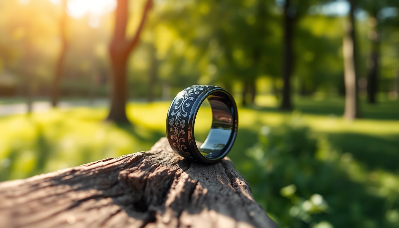Showcasing Black Zirconium Rings with intricate designs against a natural backdrop.