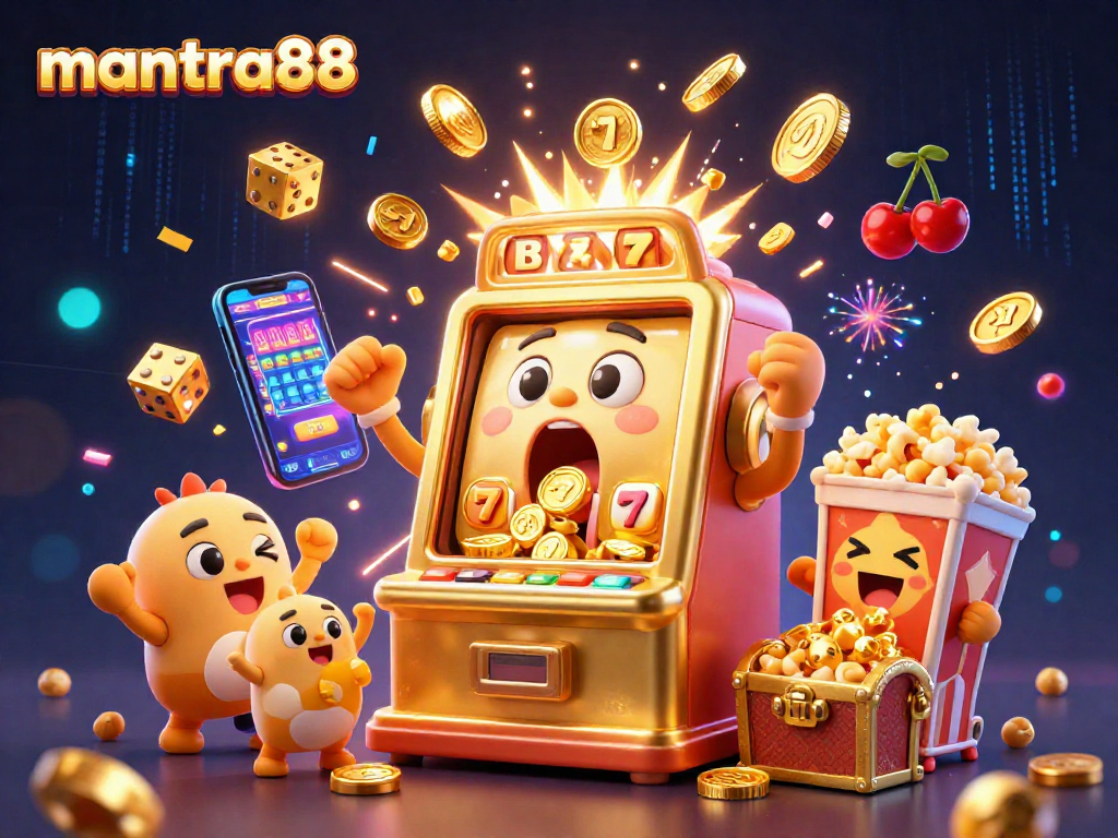 Experience the excitement with mantra88 as the golden slot machine hits a jackpot amidst a flurry of coins and symbols.