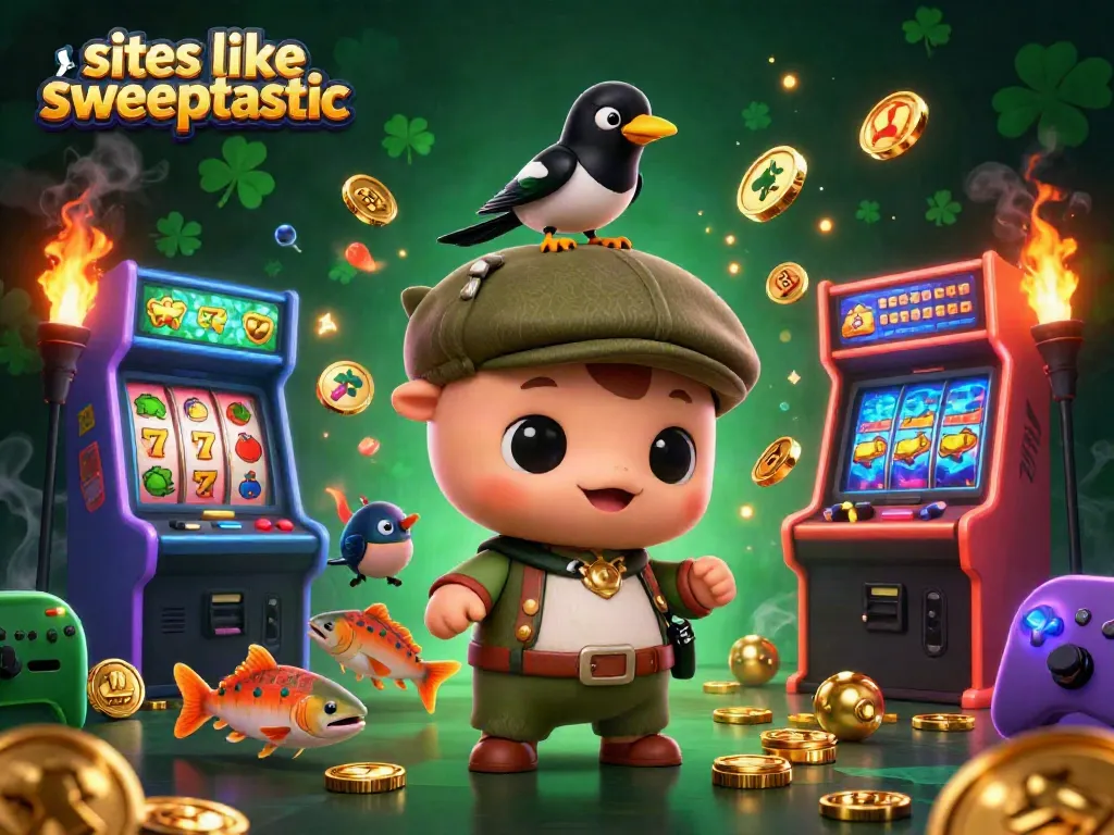 Win at exciting games like sites like sweeptastic, featuring colorful casino elements and playful characters.