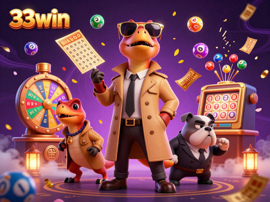 Join the excitement at 33win with cartoon raptors and dynamic lottery elements in a vibrant casino scene.