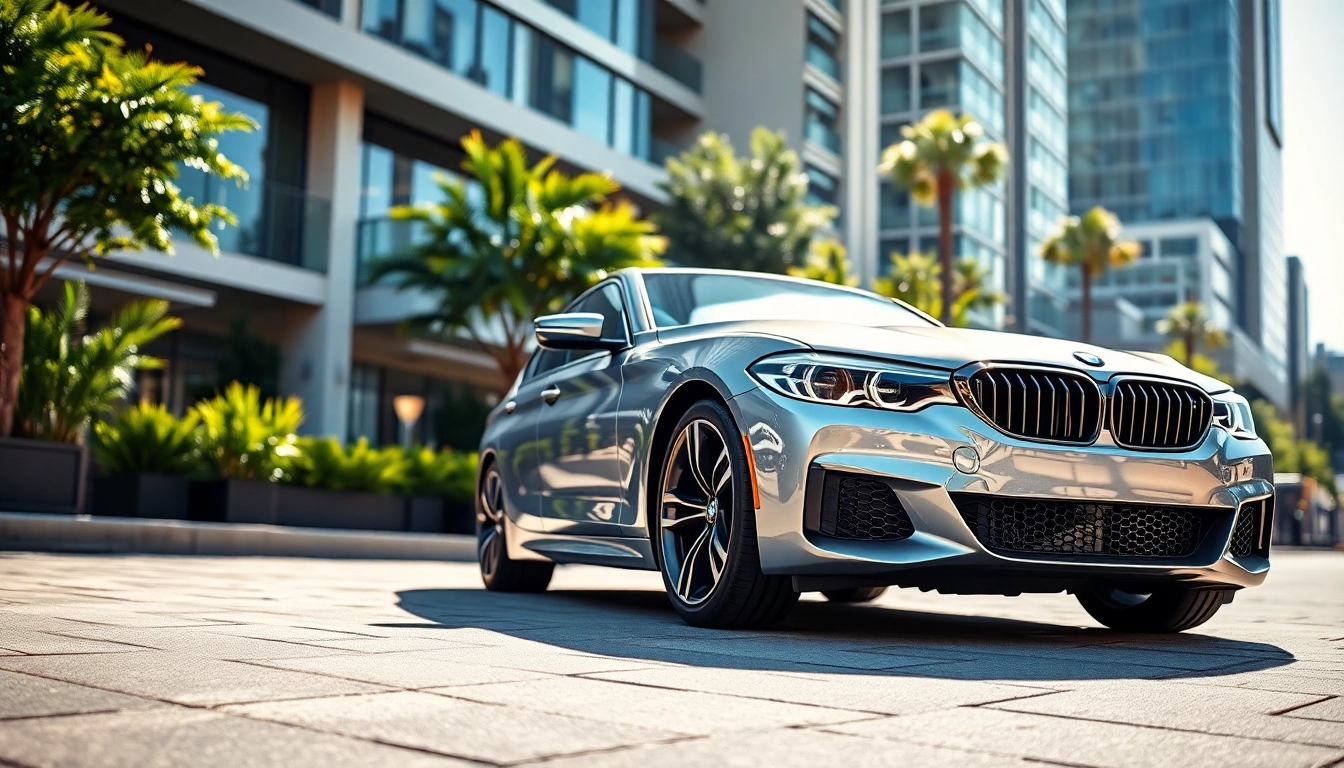 Admire the luxury BMW car with sleek lines and premium features against a vibrant urban backdrop.