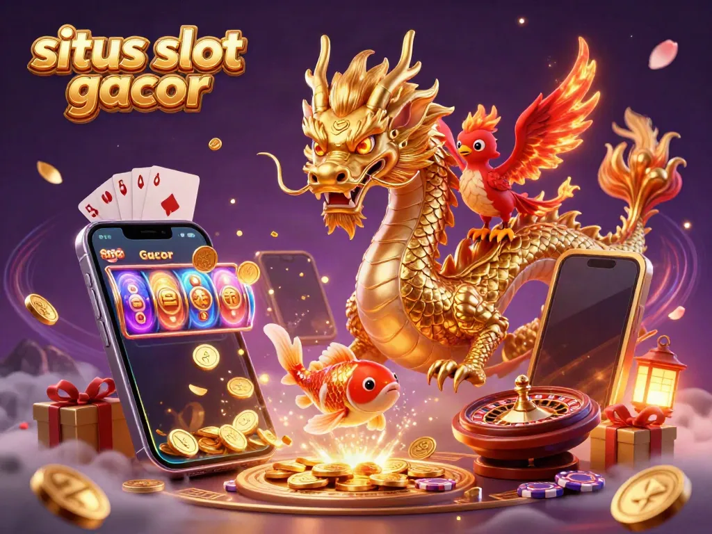 Experience the thrill of winning with situs slot gacor, featuring a golden dragon and dynamic slot game elements.