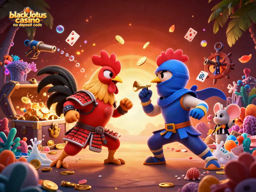 Claim offers with black lotus casino no deposit code in vibrant 3D rooster duel scene.