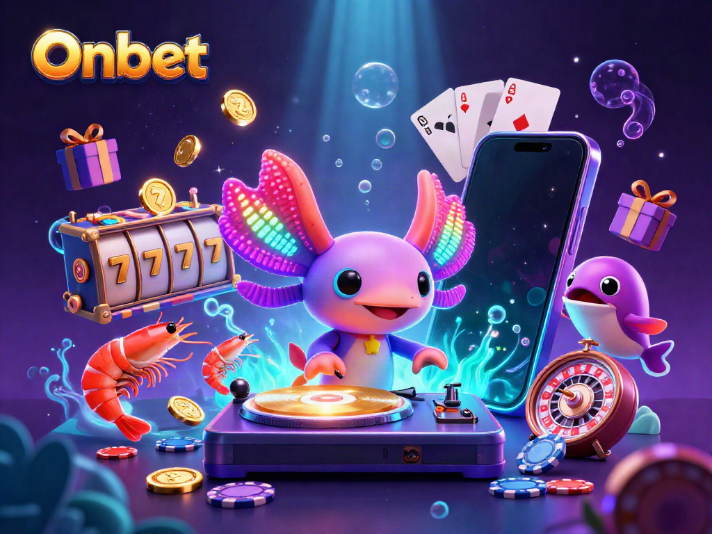 Experience Onbet with a vibrant, neon-colored casino scene featuring a DJ axolotl, glowing shrimp, and dynamic slot game elements.