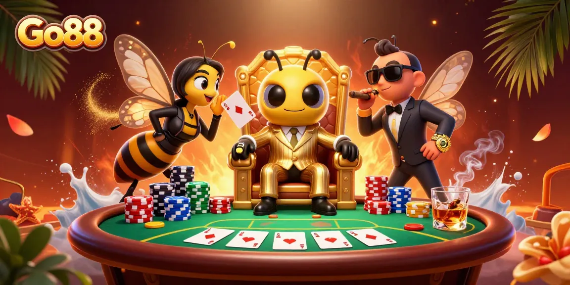 Engage in thrilling gameplay at Go88 with a cartoon bumblebee boss and poker elements in vibrant casino scene.