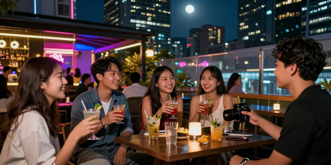 Friends enjoying vibrant nightlife at 인기 오피사이트 in the city with cocktails and neon lights.