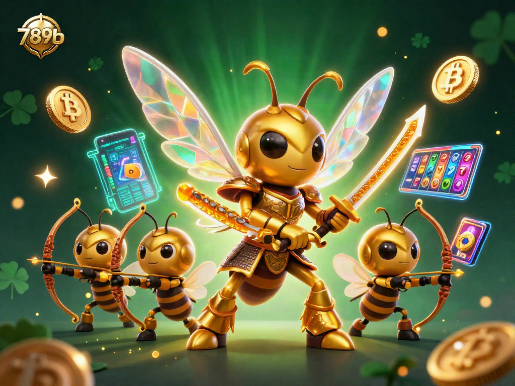 Join the action at 789b with vibrant slot machines and golden hornets in an exciting casino scene.