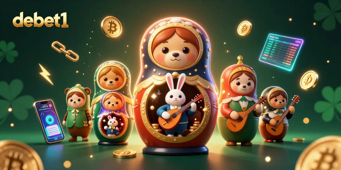 Join the fun at debet1 with animated bears and crypto elements in a vibrant casino scene.