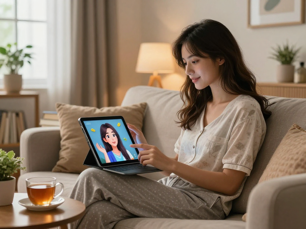 AI girlfriend interaction in a cozy home setting, showcasing modern technology.