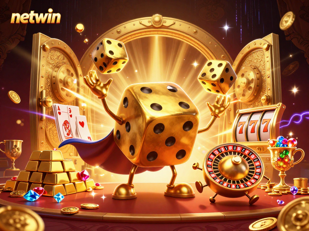 Experience thrilling gameplay and vibrant action at netwin with a 3D cartoon golden dice golem juggling dice.