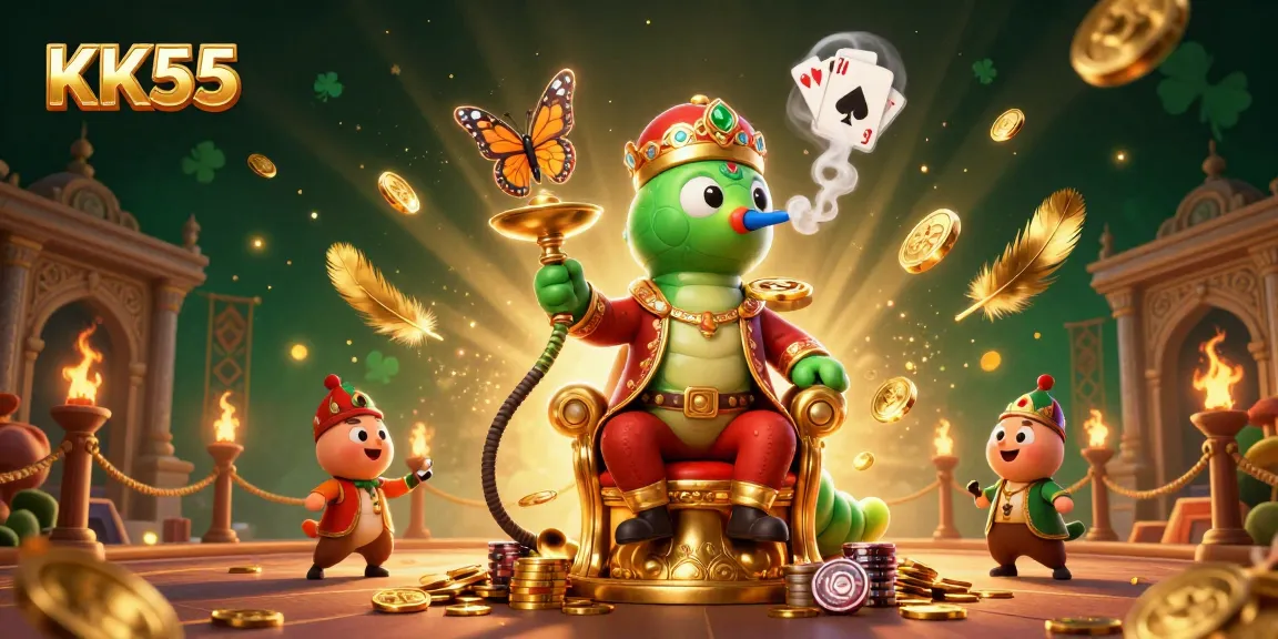 Play thrilling games at KK55 while enjoying a vibrant 3D casino atmosphere with animated poker symbols.