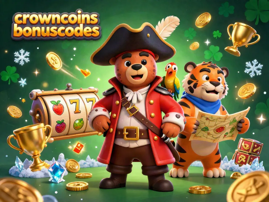 Engage with crowncoinsbonuscodes in a vibrant casino illustration featuring a pirate bear and dynamic slot game elements.