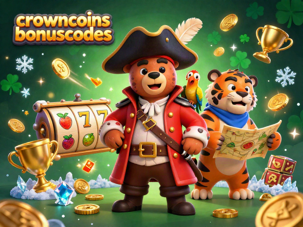 Engage with crowncoinsbonuscodes in a vibrant casino illustration featuring a pirate bear and dynamic slot game elements.