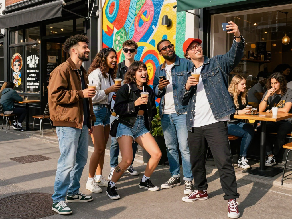 Friends discovering who they resemble with a celebrity look alike app in an urban setting