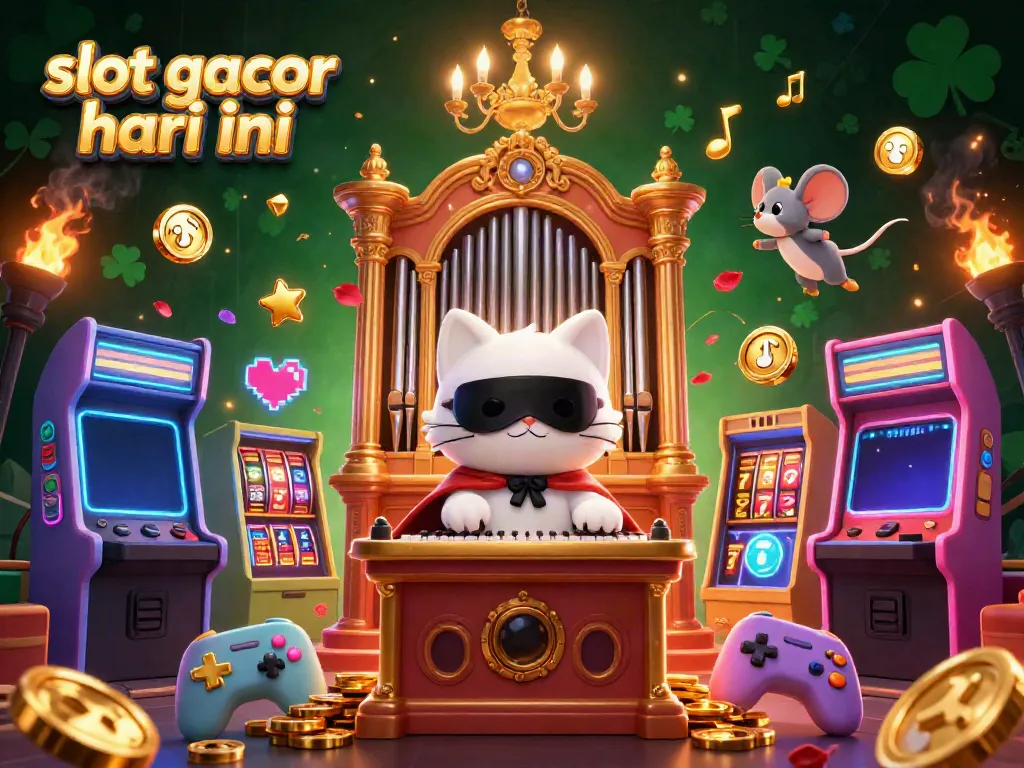 Engage with the lively scene of slot gacor hari ini featuring a whimsical cat organist and a mouse acrobat.