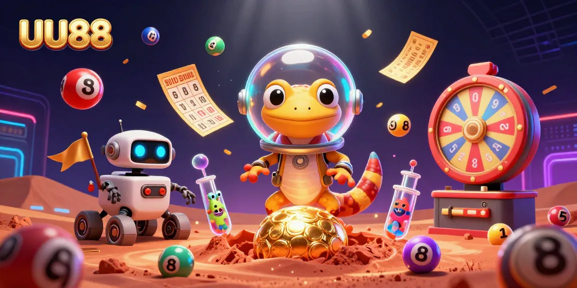 Engage with UU88 in a vibrant alien casino scene filled with colorful games and prizes.