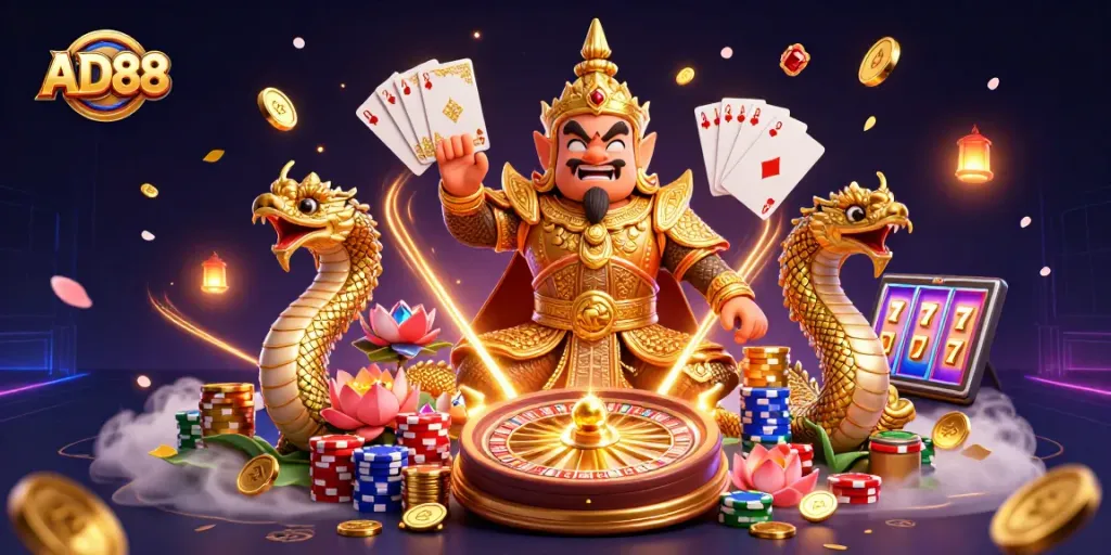 Win big with AD88 at this vibrant casino scene featuring exciting game elements!