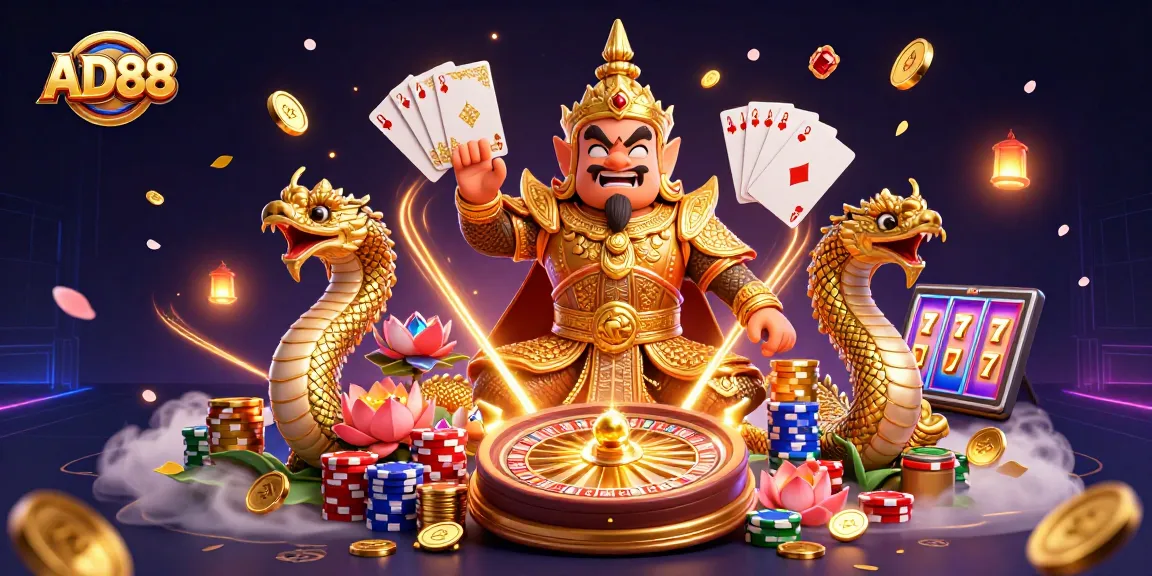 Win big with AD88 at this vibrant casino scene featuring exciting game elements!