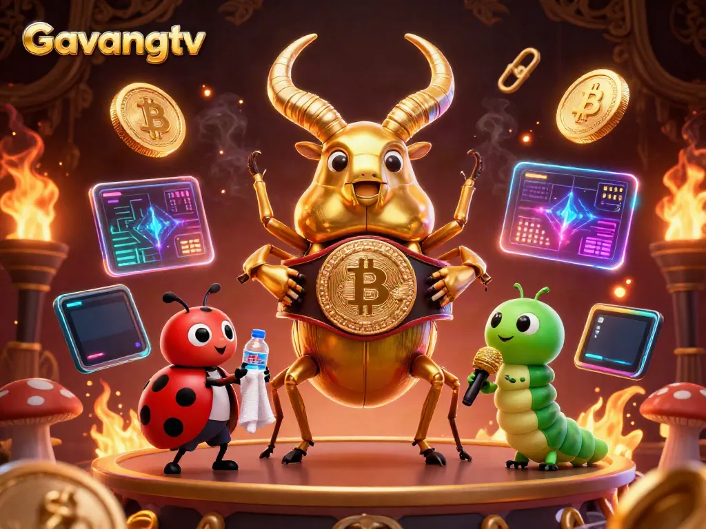 Gavangtv features an epic sports-themed 3D illustration with a golden stag beetle boxing champion surrounded by cryptocurrency elements.
