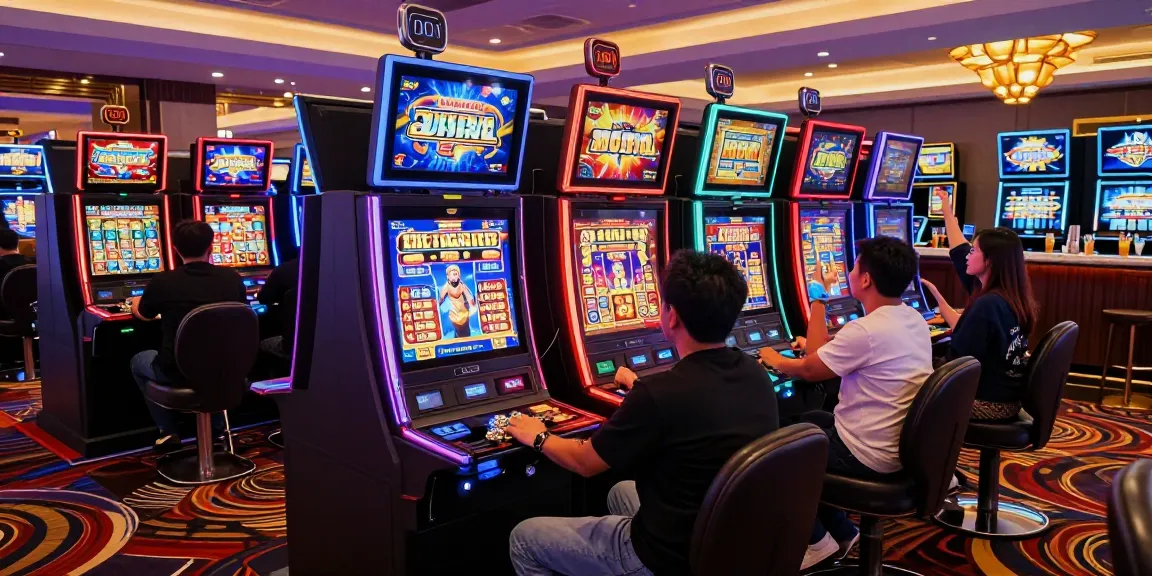 Exciting casino scene with players at slot gacor machines celebrating wins.