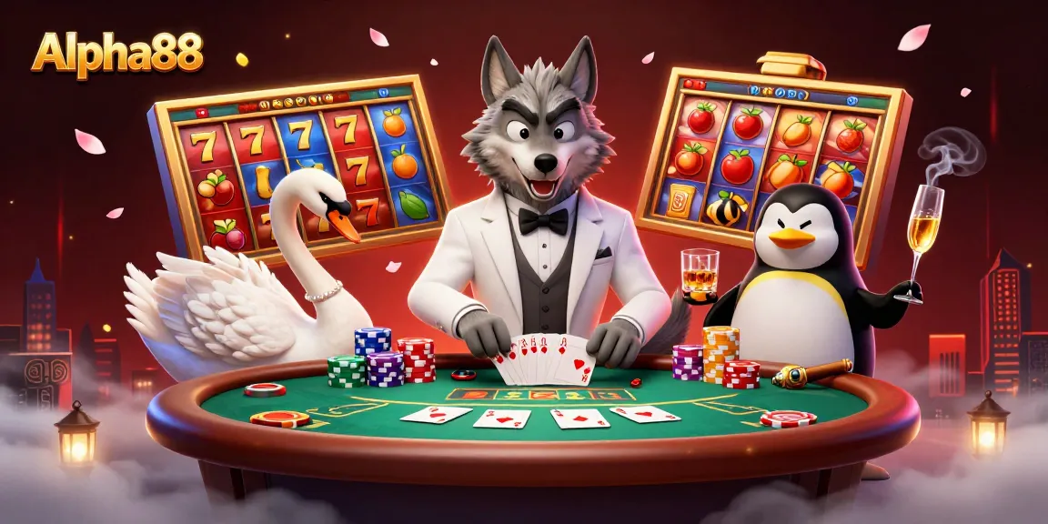 Experience the thrill of Alpha88 with a vibrant 3D scene featuring a debonair wolf and elegant swan.
