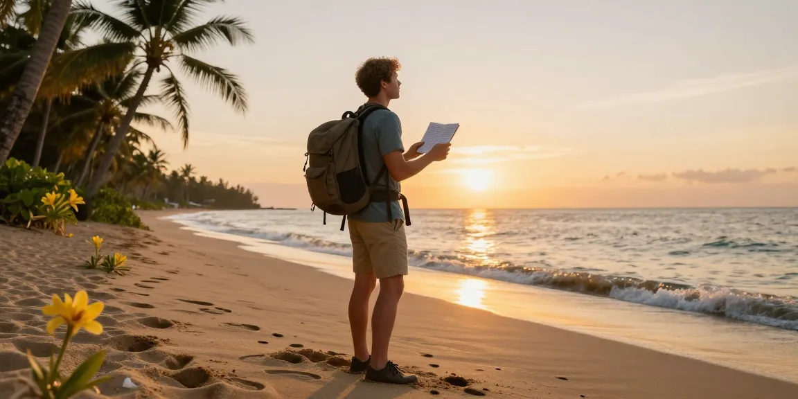 Traveling adventurer enjoying beautiful sunset at tropical beach with slot luar negeri.