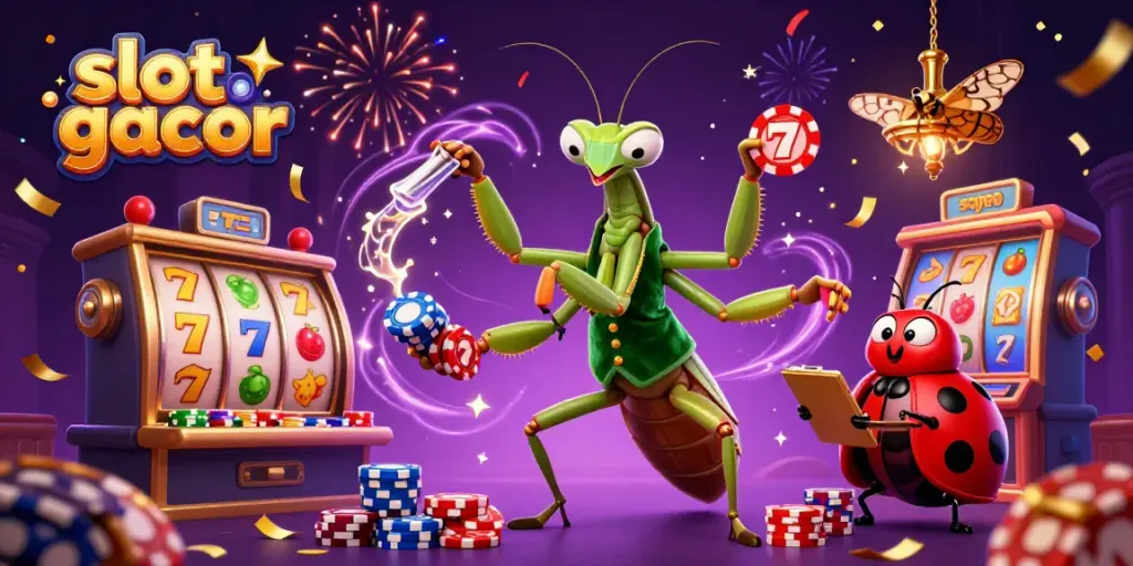 Engaging slot gacor scene with a giant praying mantis and ladybug characters managing slot games.