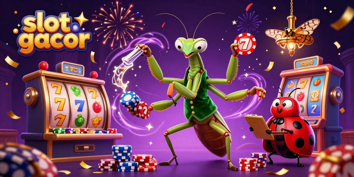 Engaging slot gacor scene with a giant praying mantis and ladybug characters managing slot games.