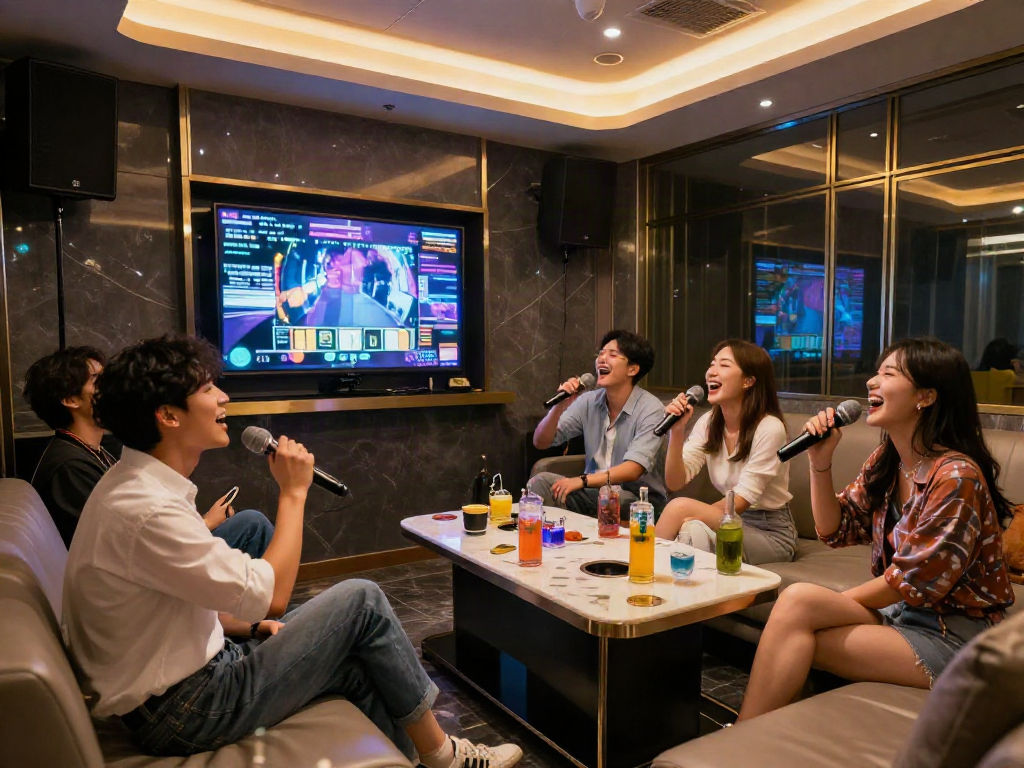 달토 가라오케에서 친구들과 노래를 부르며 즐거운 시간을 보내는 모습