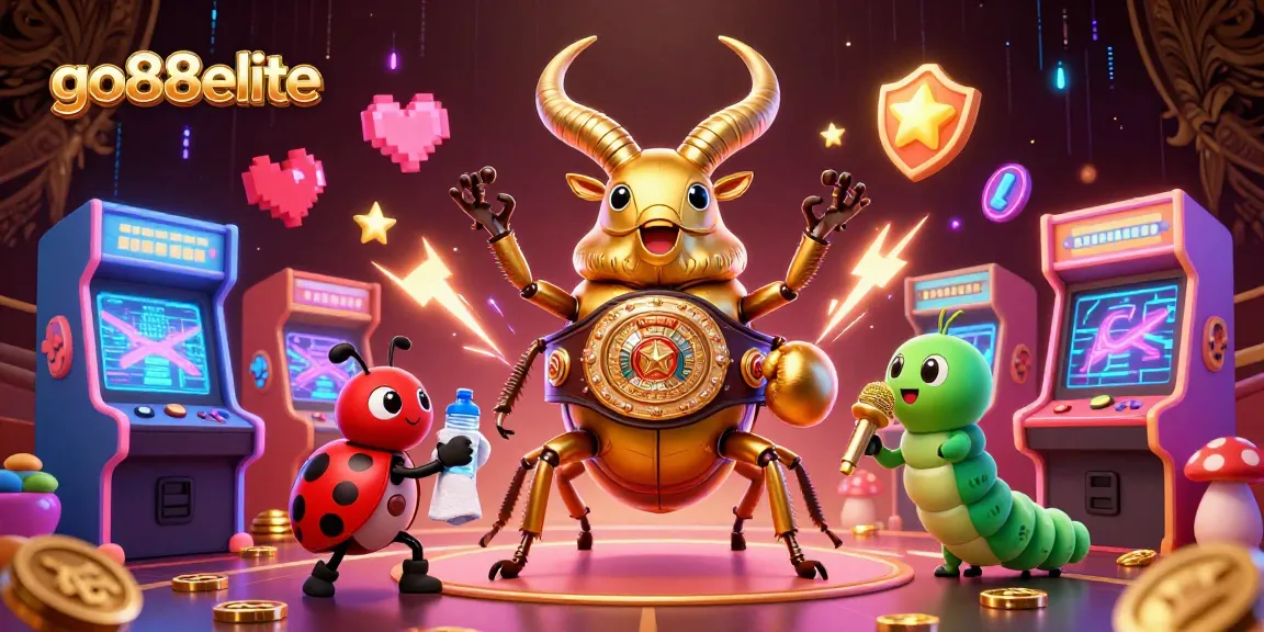 Experience thrilling gaming at go88elite with a vibrant illustration of a golden stag beetle champion in a dynamic casino scene.