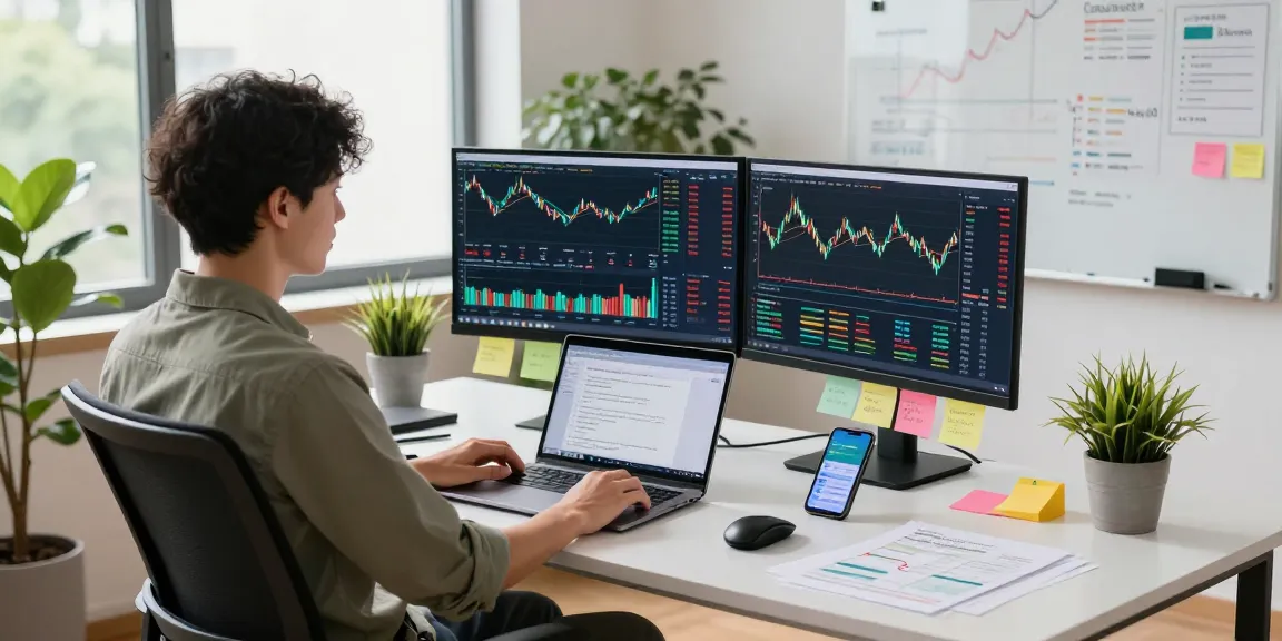 Dynamic workspace for stock analysis with Germany stock real-time API data displayed on monitors, highlighting a developer engaged in market trading.