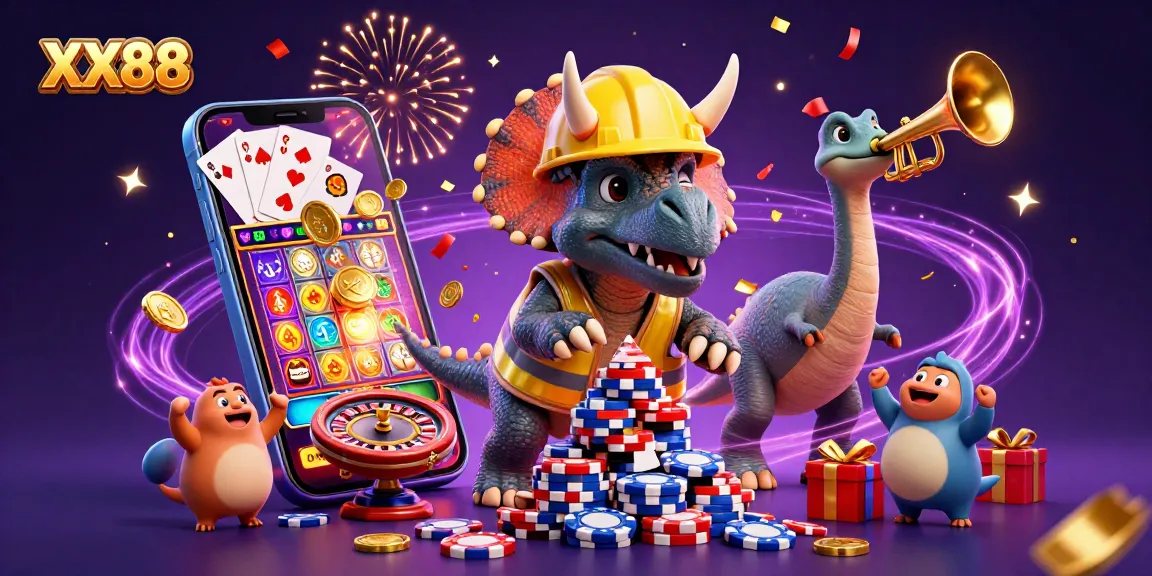 Experience excitement at XX88 with a 3D illustration of playful characters celebrating gambling wins.