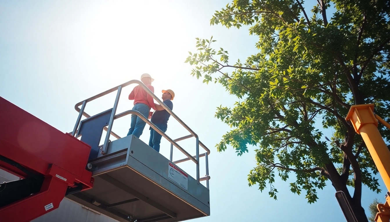Workers using a cherry picker to reach high branches safely in a construction site.