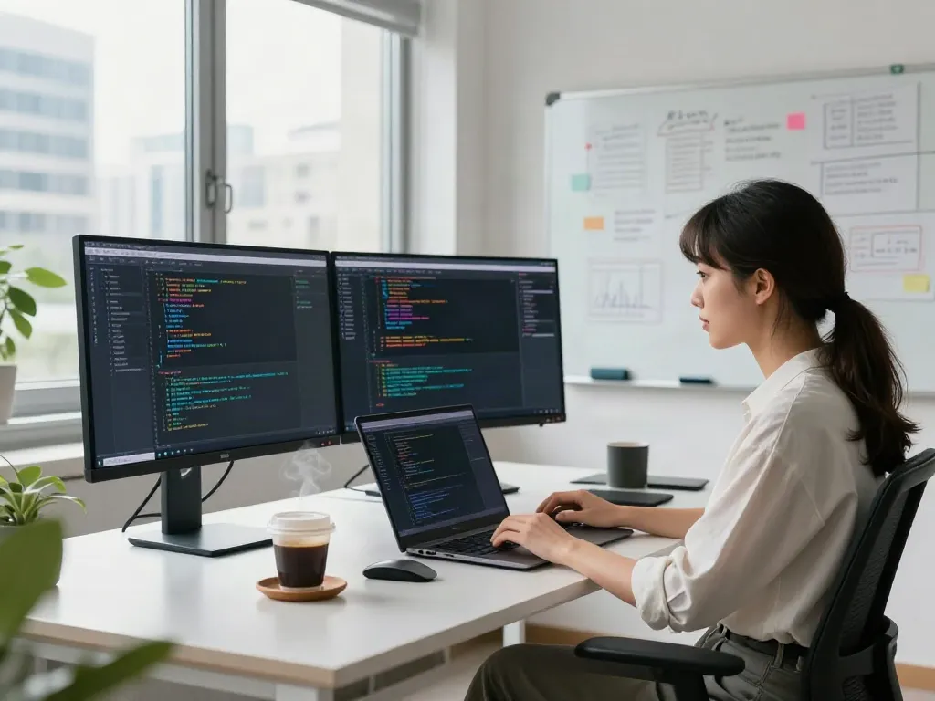 Brave developer at a modern workspace coding on dual monitors.
