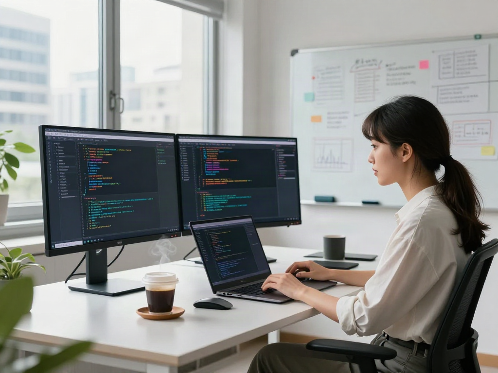 Brave developer at a modern workspace coding on dual monitors.