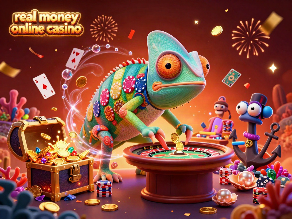 Play thrilling games at a real money online casino with a chameleon-themed party scene.