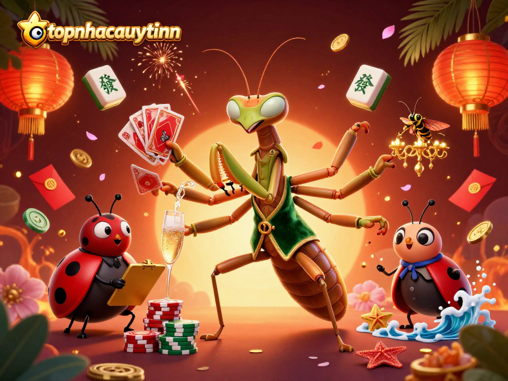 Join the excitement at topnhacaiuytinn, featuring a vibrant casino scene with characters and games.