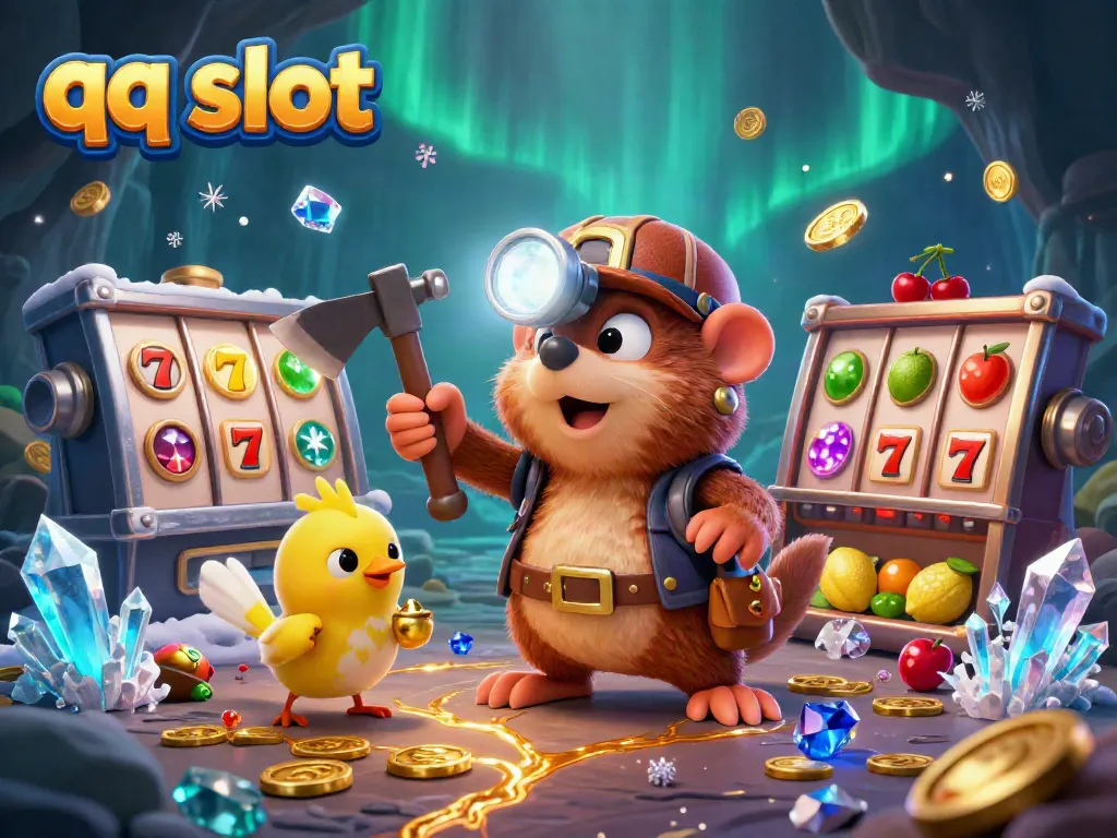 Engaging scene with characters mining for treasures in the world of qq slot, showcasing slot elements and vibrant gems.