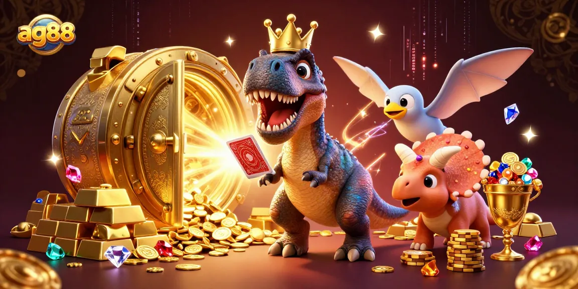 Join ag88 for a thrilling casino adventure with a T-Rex and friends enjoying card games and gold!