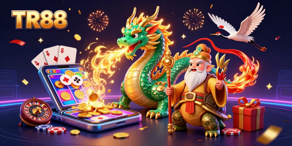 Engage with TR88's vibrant gaming experience featuring a dragon, turtle sage, and cranes amidst dynamic casino elements.