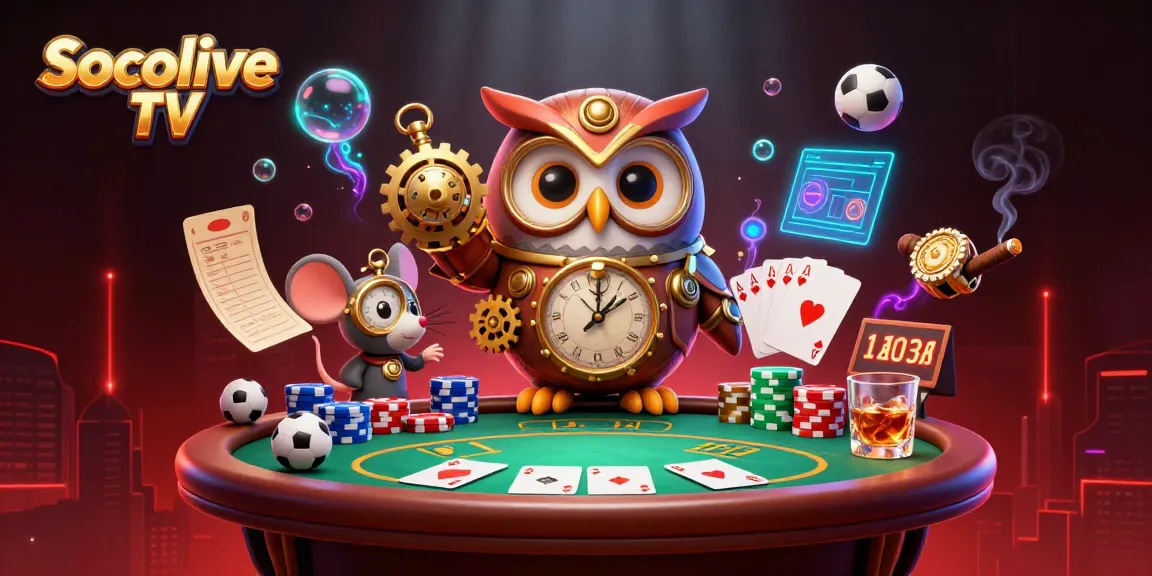 Socolive TV showcases a lively gambling scene with an owl and mouse, surrounded by sports betting elements and vibrant casino decor.