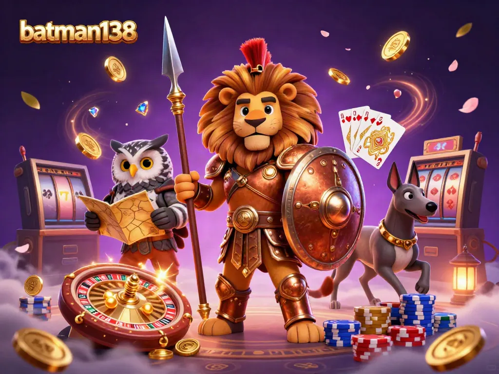 Join the excitement at batman138 with a dynamic casino scene featuring a Spartan lion, an owl strategist, and a greyhound messenger surrounded by gaming elements.