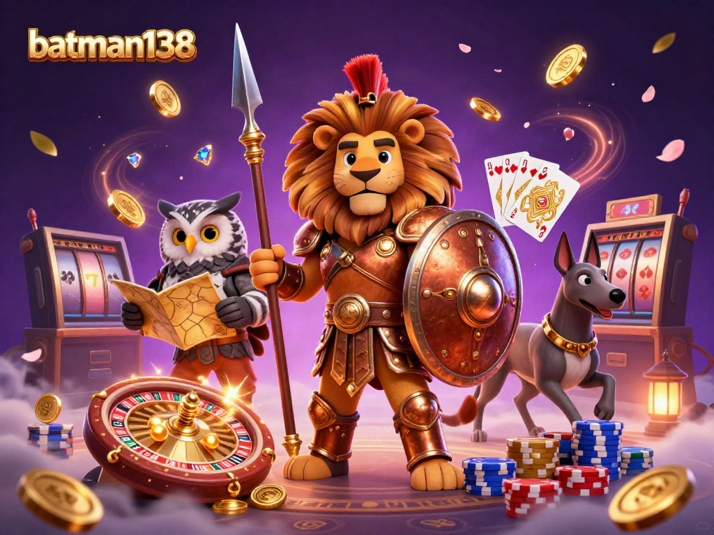Join the excitement at batman138 with a dynamic casino scene featuring a Spartan lion, an owl strategist, and a greyhound messenger surrounded by gaming elements.