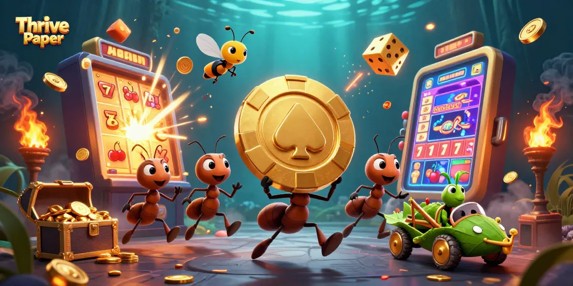 Thrive Paper showcases a lively heist scene in a cartoon casino world with ants and game symbols.
